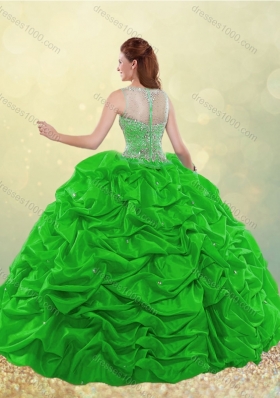 Designer See Through Scoop Beaded and Bubble Green Quinceanera Dress