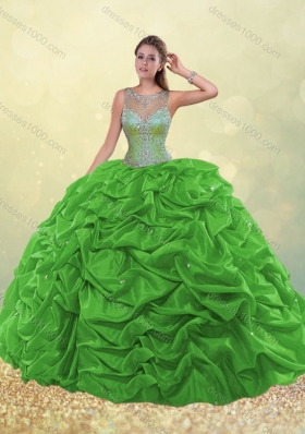 Designer See Through Scoop Beaded and Bubble Green Quinceanera Dress