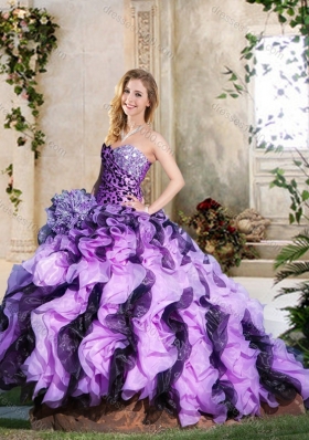 Leopard and Ruffled Lavender and Dark Purple Quinceanera Gown with Brush Train