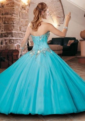 Pretty Visible Boning Tulle Beaded Quinceanera Dress in Aqua Blue