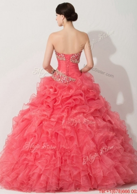 Princess Coral Red Sweet 16 Dress with Beading and Ruffle