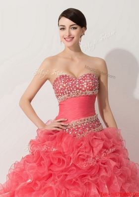 Princess Coral Red Sweet 16 Dress with Beading and Ruffle