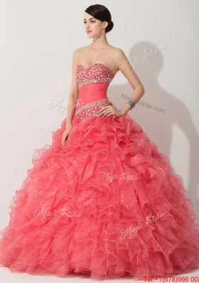 Princess Coral Red Sweet 16 Dress with Beading and Ruffle