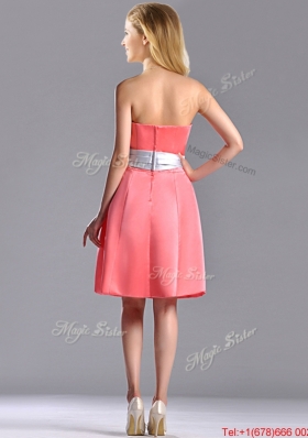 Best Selling Watermelon Knee Length Bridesmaid Dress with Silver Bowknot