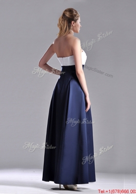 Elegant Strapless Ankle Length Bridesmaid Dress in Navy Blue and White