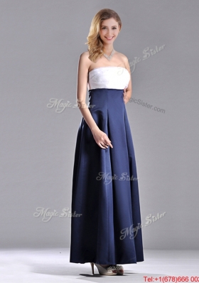 Elegant Strapless Ankle Length Bridesmaid Dress in Navy Blue and White