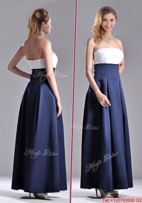 Elegant Strapless Ankle Length Bridesmaid Dress in Navy Blue and White