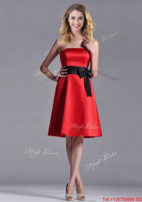 Exclusive Empire Satin Knee Length Bridesmaid Dress with Black Bowknot