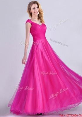 Exclusive Organza Beaded Top Hot Pink Bridesmaid Dress with Cap Sleeves