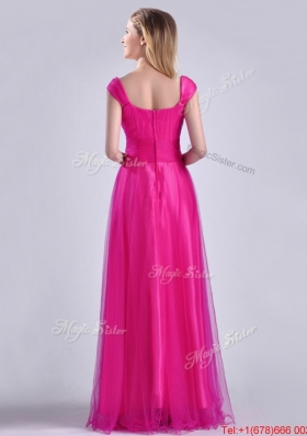 Exclusive Organza Beaded Top Hot Pink Bridesmaid Dress with Cap Sleeves