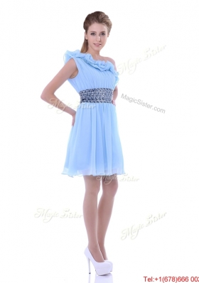 One Shoulder Light Blue Bridesmaid Dress with Beaded Decorated Waist and Ruffles