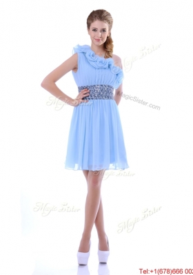 One Shoulder Light Blue Bridesmaid Dress with Beaded Decorated Waist and Ruffles