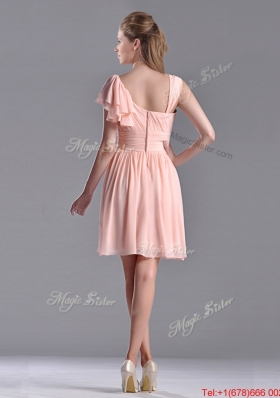 Simple Empire Ruched Peach Bridesmaid Dress with Asymmetrical Neckline