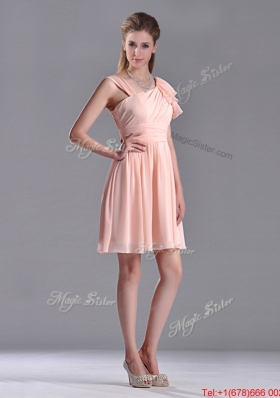 Simple Empire Ruched Peach Bridesmaid Dress with Asymmetrical Neckline