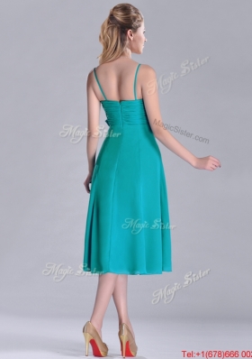 Spaghetti Straps Ruched and Belted Turquoise Bridesmaid Dress in Tea Length