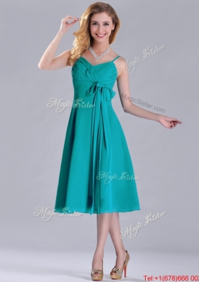 Spaghetti Straps Ruched and Belted Turquoise Bridesmaid Dress in Tea Length