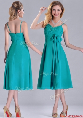 Spaghetti Straps Ruched and Belted Turquoise Bridesmaid Dress in Tea Length