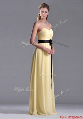 Beautiful Sweetheart Yellow Dama Dress with Ruching and Black Bowknot