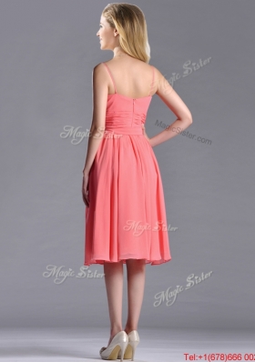 Best Spaghetti Straps Watermelon Bridesmaid Dress with Ruching and Bowknot