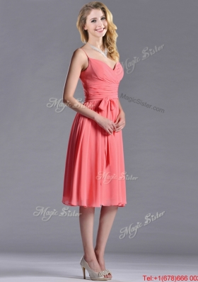 Best Spaghetti Straps Watermelon Bridesmaid Dress with Ruching and Bowknot