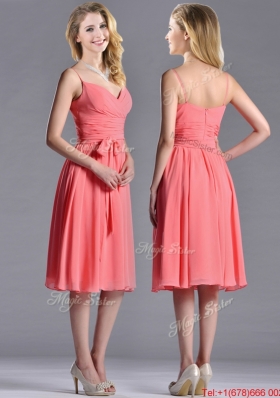Best Spaghetti Straps Watermelon Bridesmaid Dress with Ruching and Bowknot