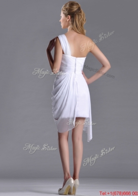 Cheap Column One Shoulder White Short Bridesmaid Dress with Zipper Up