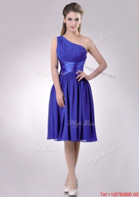 Elegant One Shoulder Chiffon Blue Dama Dress with Side Zipper