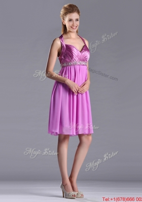 Empire Halter Knee-length Beaded Short Dama Dress in Lilac