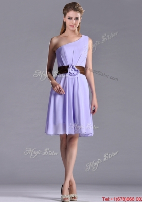 Exclusive One Shoulder Lavender Short Dama Dress with Brown Belt