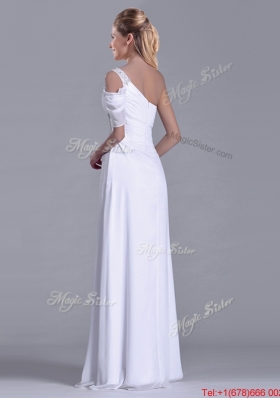 Fashionable Empire One Shoulder Beaded White Long White Dama Dress for Holiday