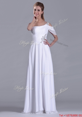 Fashionable Empire One Shoulder Beaded White Long White Dama Dress for Holiday