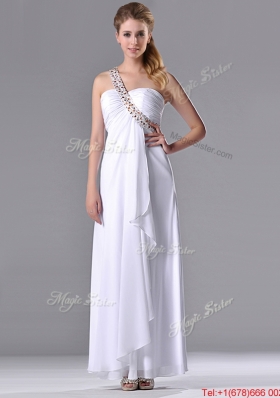 Fashionable Empire One Shoulder Chiffon Side Zipper White Bridesmaid Dress with Beading