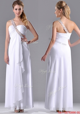 Fashionable Empire One Shoulder Chiffon Side Zipper White Bridesmaid Dress with Beading
