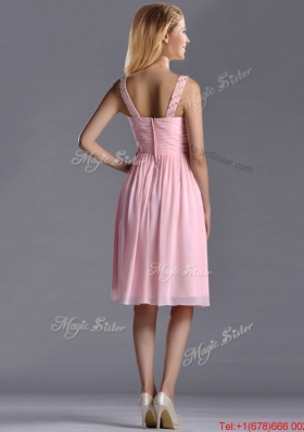 Lovely Empire V Neck Baby Pink Short Bridesmaid Dress with Beading