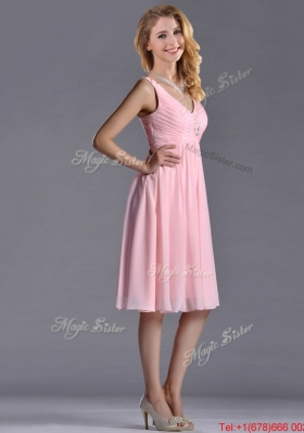 Lovely Empire V Neck Baby Pink Short Bridesmaid Dress with Beading