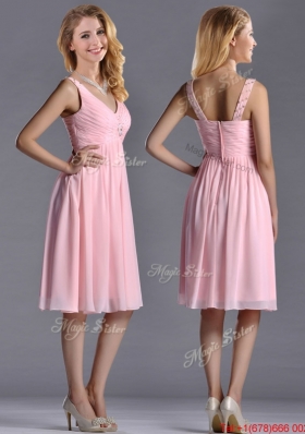 Lovely Empire V Neck Baby Pink Short Bridesmaid Dress with Beading