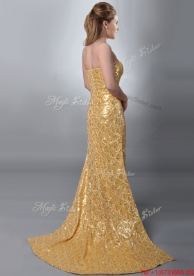 2016 Luxurious Column Strapless Sequined Gold Prom Dress with Brush Train