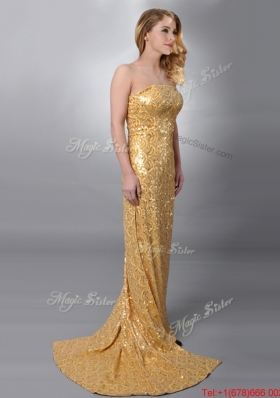 2016 Luxurious Column Strapless Sequined Gold Prom Dress with Brush Train