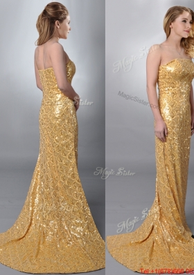 2016 Luxurious Column Strapless Sequined Gold Prom Dress with Brush Train
