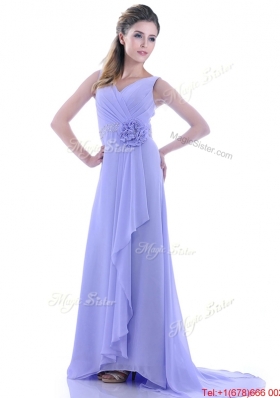 Brush Train Lavender Prom Dress with Beading and Hand Crafted Flower