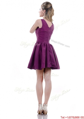 Exquisite V Neck Taffeta Purple Prom Dress with Handcrafted Flowers