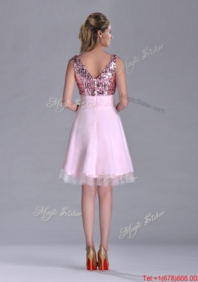 Latest V Neck Sequined Decorated Bodice Prom Dress in Baby Pink