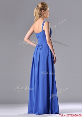 2016 Column Chiffon Beading and Ruching Blue Prom Dress with One Shoulder