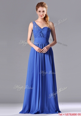 2016 Column Chiffon Beading and Ruching Blue Prom Dress with One Shoulder