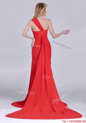 2016 Column One Shoulder Watteau Train Coral Red Prom Dress with Side Zipper