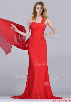 2016 Column One Shoulder Watteau Train Coral Red Prom Dress with Side Zipper