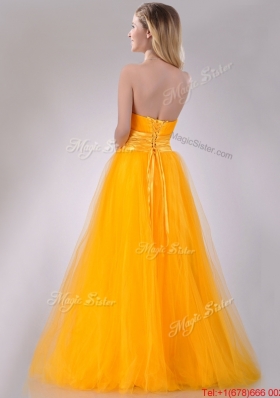 2016 Elegant A Line Beaded Tulle Gold Prom Dress with Lace Up