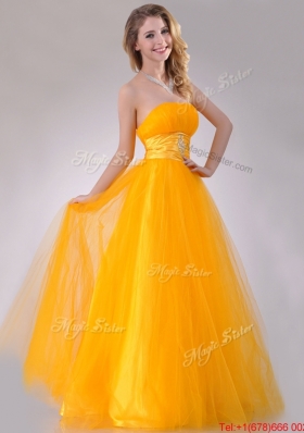 2016 Elegant A Line Beaded Tulle Gold Prom Dress with Lace Up