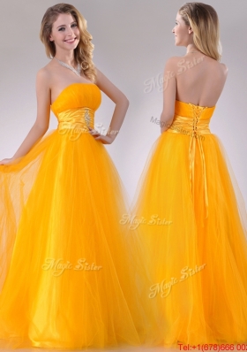 2016 Elegant A Line Beaded Tulle Gold Prom Dress with Lace Up