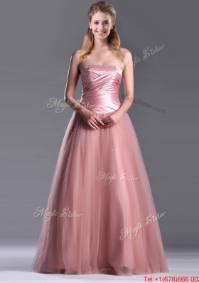 2016 Elegant A Line Tulle Beaded Long Prom Dress in Peach